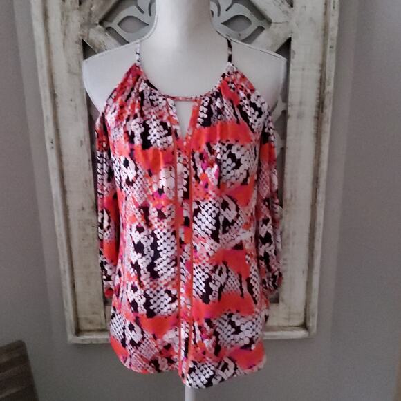 Worthington Women's 3/4 Sleeve Cold Shoulder Halter Top in Coral & Black - Picture 2 of 6